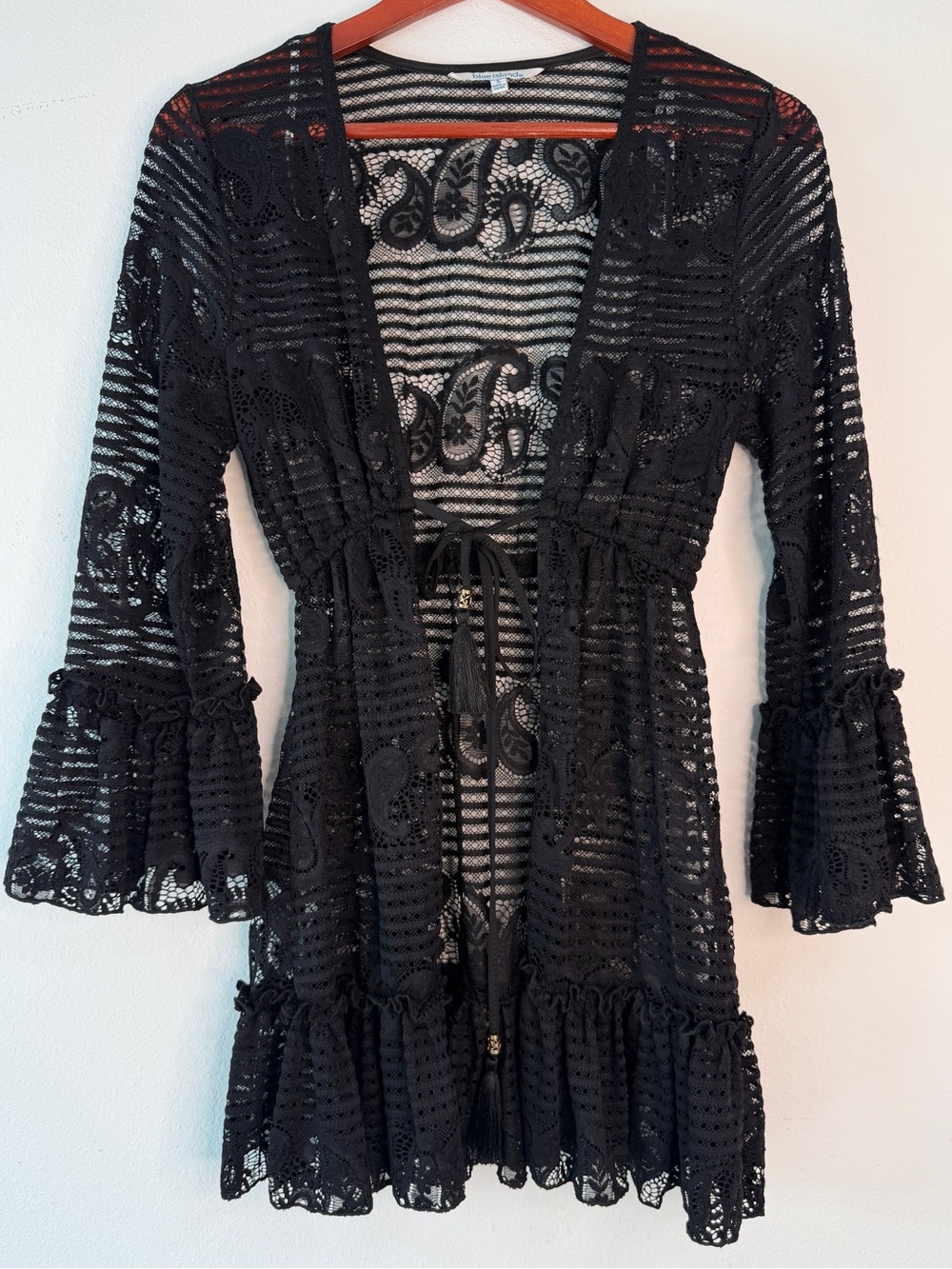 Black Sheer Lace Swim Coverup Cardigan Paisley Bell Sleeve Whimisigoth Grunge
